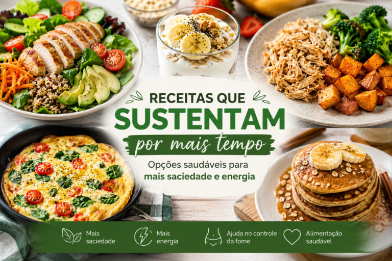 Receitas que sustentam por mais tempo com alimentos saudáveis, proteínas, fibras e refeições equilibradas para aumentar a saciedade e energia.